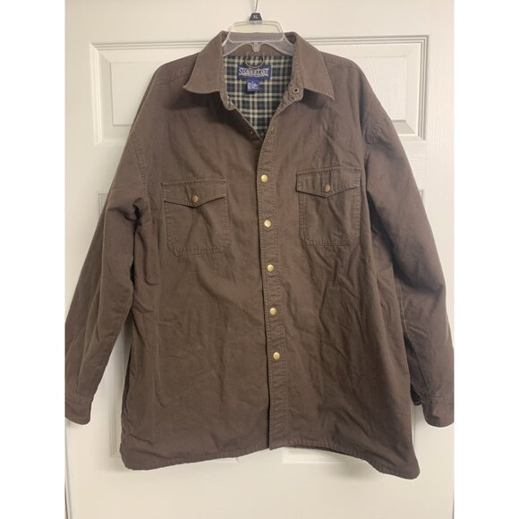 ShaverLake Brown Cotton Denim Jacket Size XL Full Snap Front Plaid - Picture 1 of 9